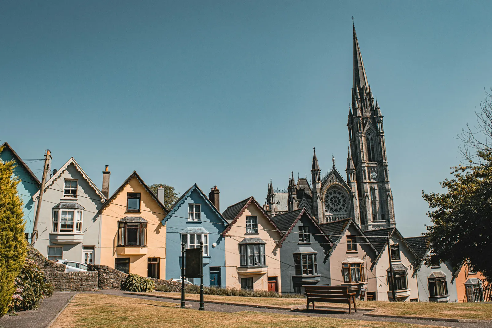 Coloured houses below the cathedral spire, Cork
