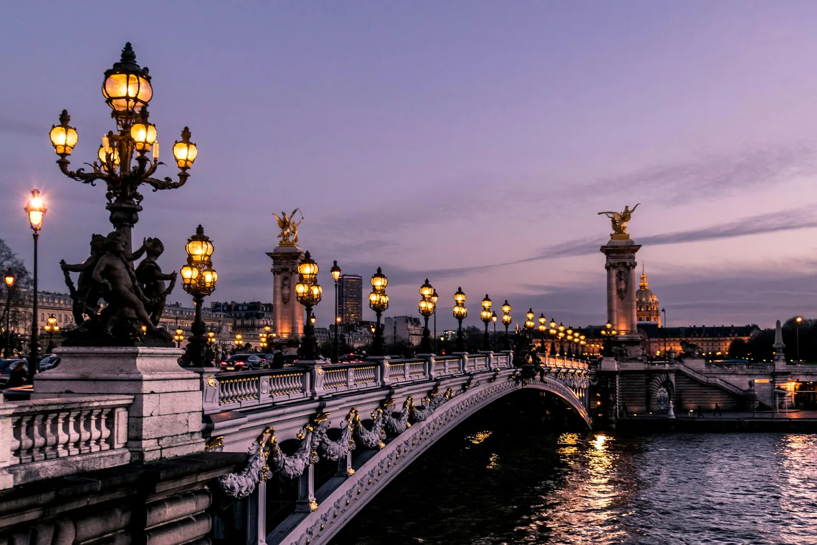 Pont Alexandre III lit at night, Paris