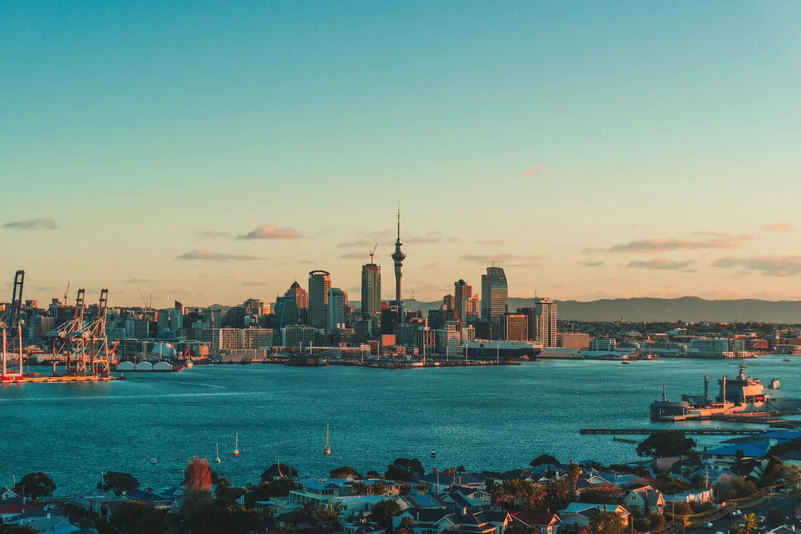 The Auckland skyline and harbour at low sun