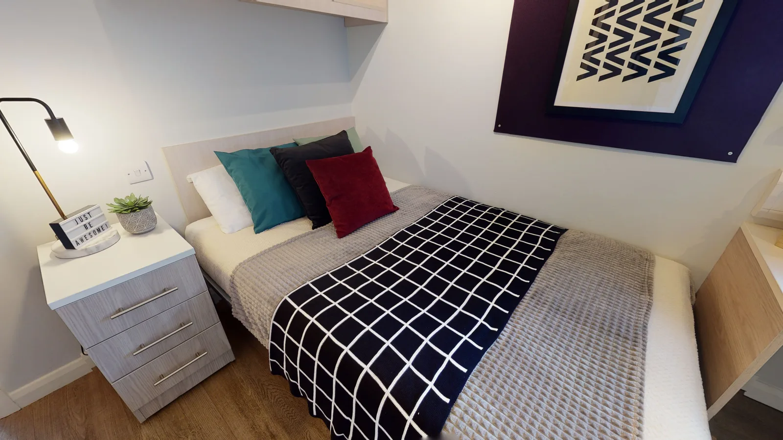 Everything you need with plenty of storage in our silver en suite rooms at iQ Sawmills